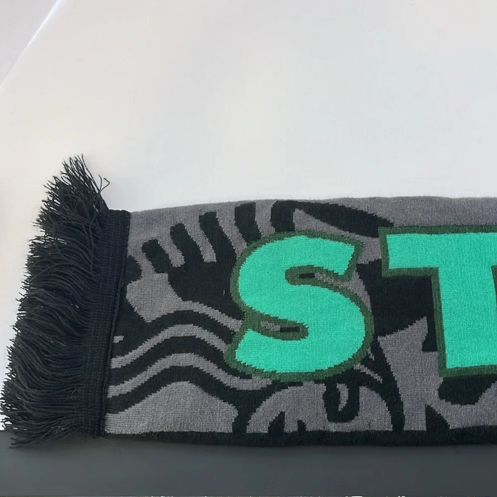 NWT Starbucks Gray, Green & Black Reversible Knit Fringed Scarf Mermaid Unisex